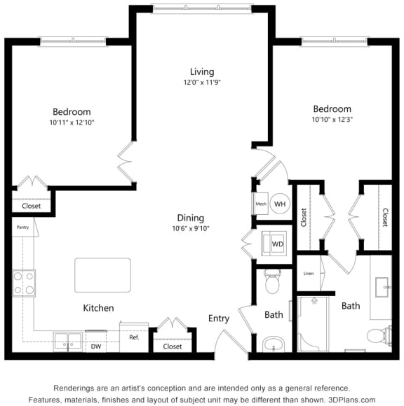 2 bed 2 bath floor plan H at Preserve at Peachtree Shoals 55+ Apartments, Dacula, Georgia