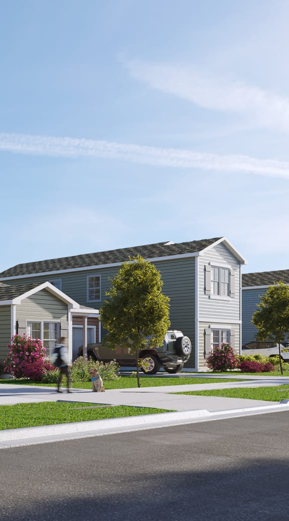 A rendering of Outpost Orchard neighborhood in Foley, Alabama, showcasing homes along a street with residents engaging in various activities.