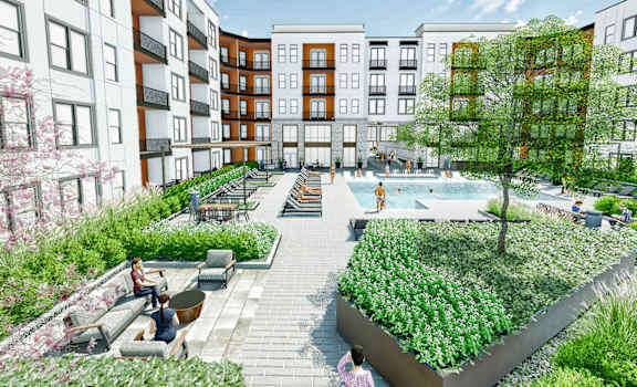 a rendering of a courtyard with a pool and buildings