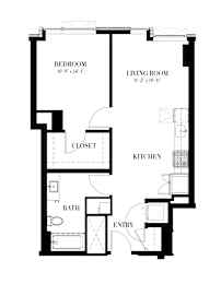 A black and white image of a floor plan for a one bedroom apartment.