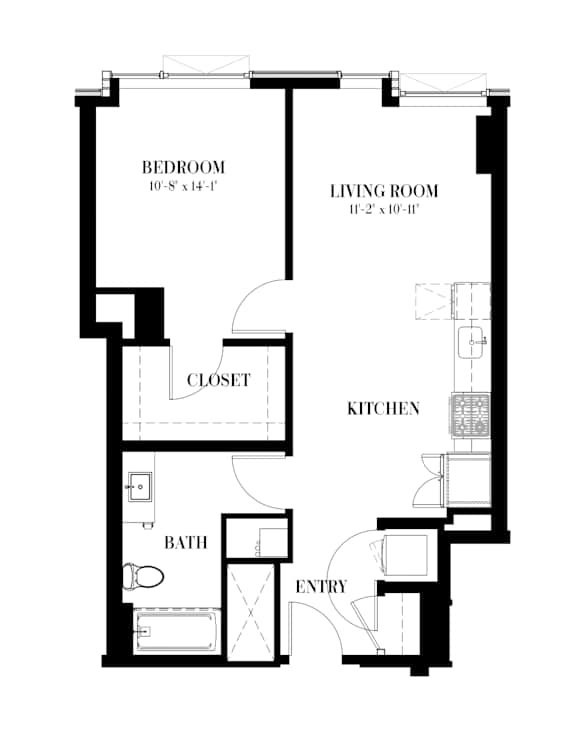 A black and white image of a floor plan for a one bedroom apartment.