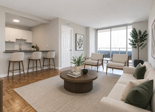 A living room with a white couch, a coffee table, and a kitchen area in the background.