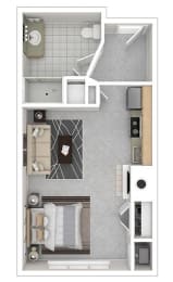 3d floor plan of the studio 1 bath apartment for rent at Riley Court in Bountiful, Utah