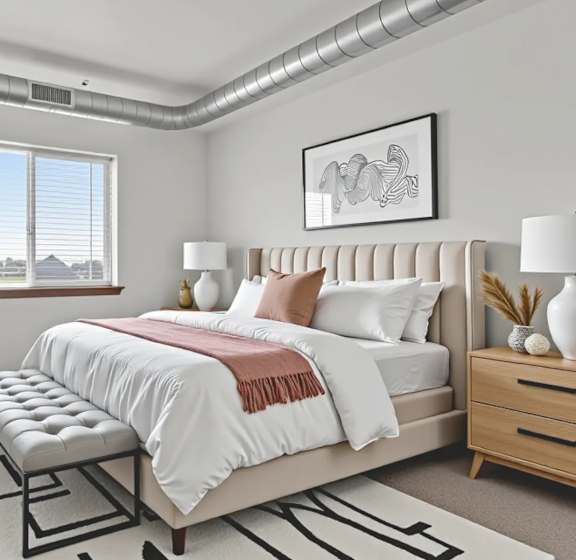 A bedroom with a large bed, a bench, and a rug with a black and white design.