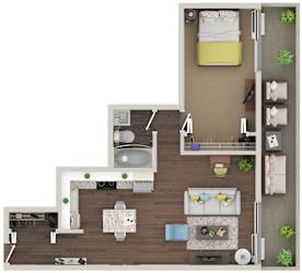 A 3D floor plan of a house with a kitchen, living room, and bathroom.