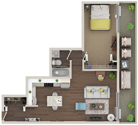 Floor Plan  A 3D floor plan of a house with a kitchen, living room, and bathroom.