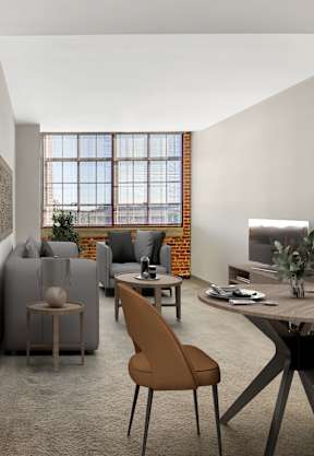 a living room with white walls and a glass table with white chairs at Bigelow Commons, Connecticut, 06082