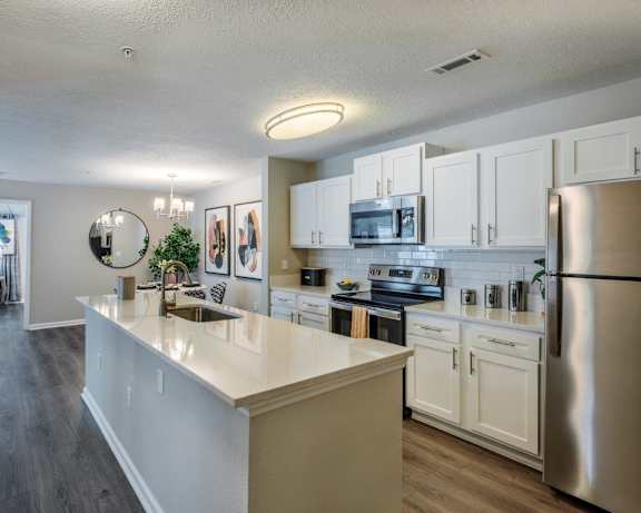 A kitchen with a white countertop and stainless steel appliances.