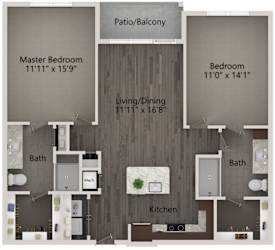 A floor plan of an apartment with a master bedroom, a bedroom, a living/dining area, a kitchen, and two bathrooms.