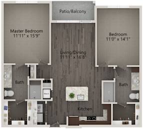 A floor plan of an apartment with a master bedroom, a bedroom, a living/dining area, a kitchen, and two bathrooms.