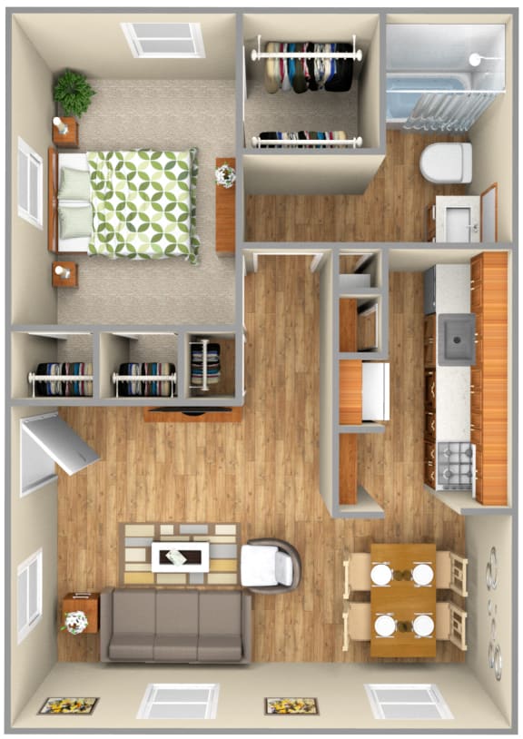 1 Bedroom 1 Bath Floor Plan at Birchwood Apartment Homes, Dallas, 75204