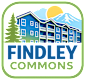 The image shows a logo with the text "FINDLEY COMMONS" and a graphic of a building with a mountain and sun in the background.