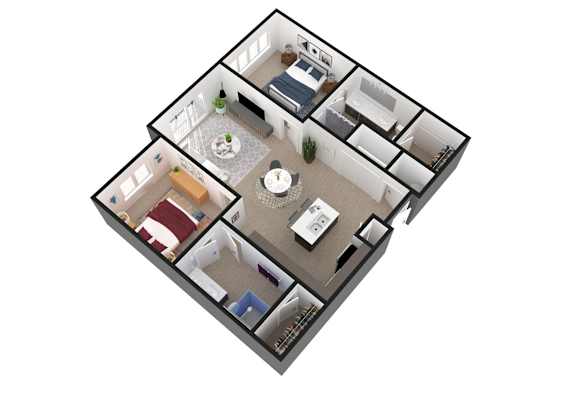 A 3D floor plan of a house with multiple rooms.