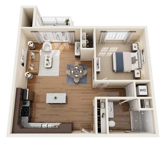 A 3D floor plan of a small apartment with a kitchen, living room, and bathroom.