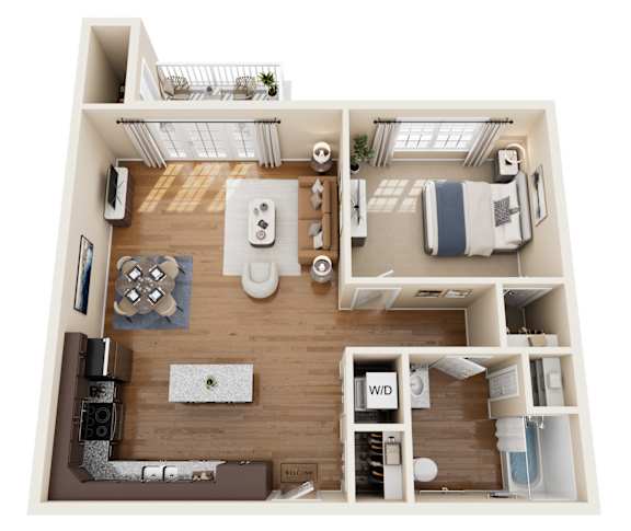 A 3D floor plan of a small apartment with a kitchen, living room, and bathroom.
