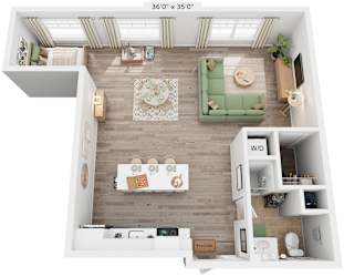 Alpine Floorplan | 723 Sq. Ft. at Flats at West Broad Village, Virginia