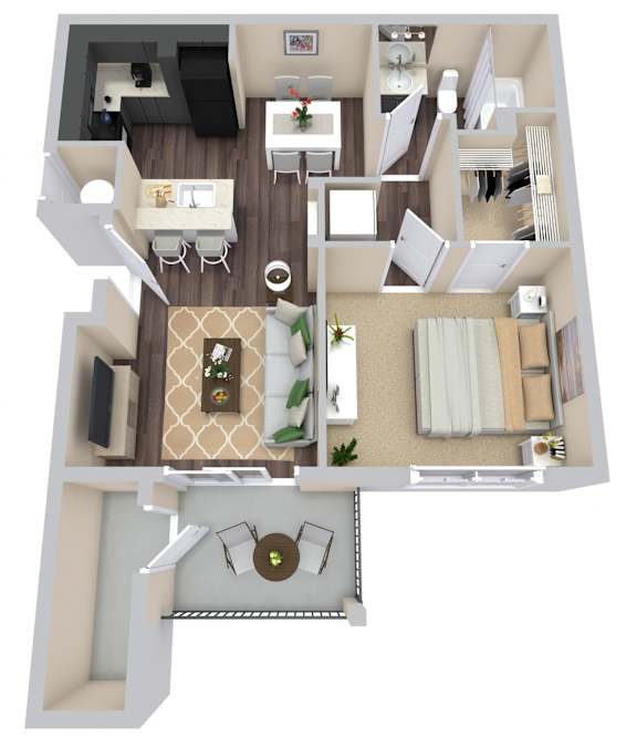 A 3D floor plan of a house with a kitchen, living room, dining room, and bedrooms.