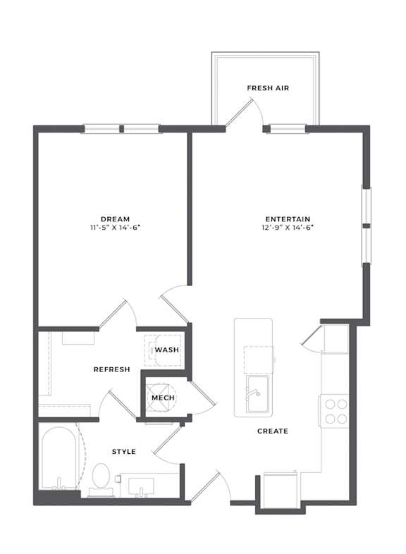 A floor plan of a one bedroom apartment with a bath.