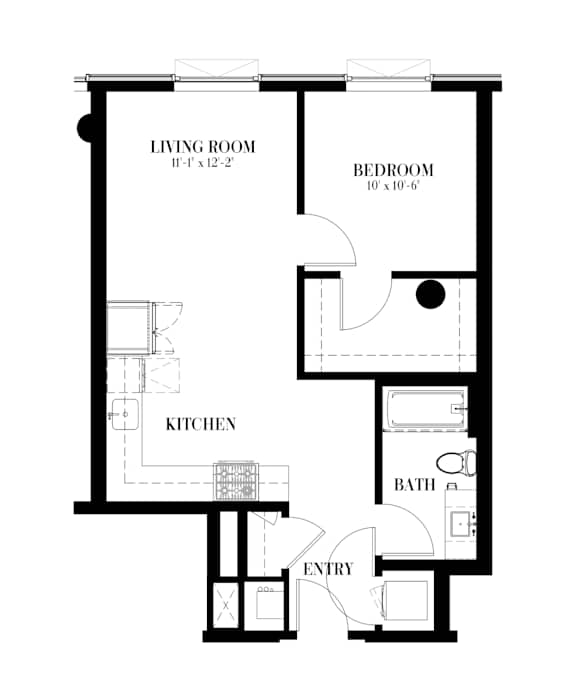 A floor plan for a 1 bedroom apartment with a living room, kitchen, bathroom and entry.