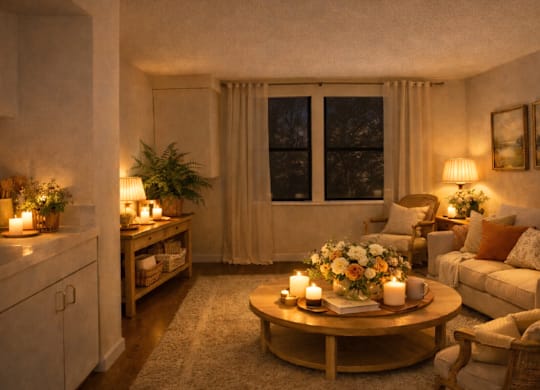 Warmly lit room with candles and flowers at Hilltop Commons Senior Living Apartments, Grass Valley, CA 95945