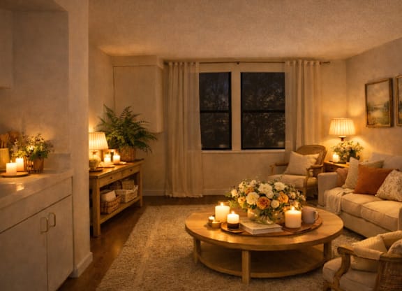 Warmly lit room with candles and flowers at Hilltop Commons Senior Living Apartments, Grass Valley, CA 95945