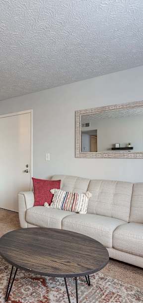A living room with a couch, a dining table, and a rug.