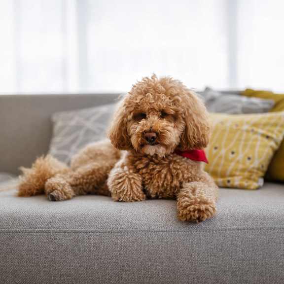A brown dog with a red collar is sitting on a grey couch.