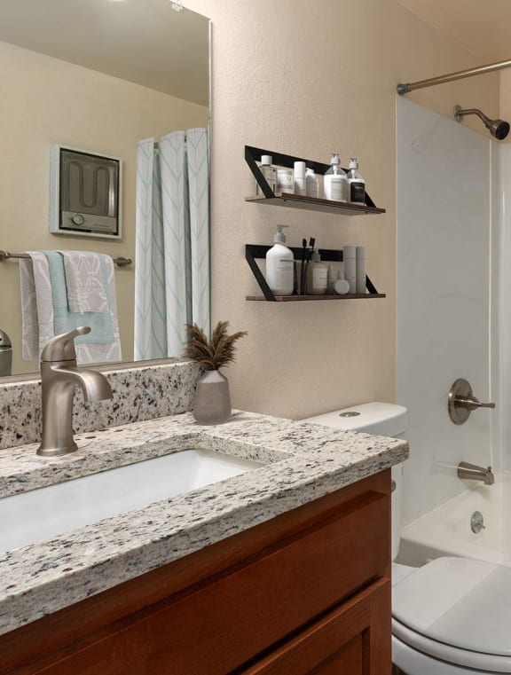 bathroom with tub and granite countertop vanity