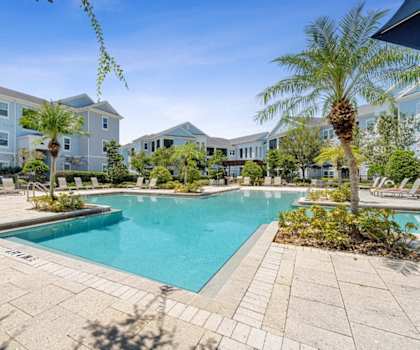 a swimming pool with palm trees and a building in the backgroundat Village at Terra Bella Apartments, Land O' Lakes, Florida