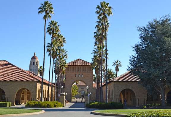 A building with a red roof and palm trees in front.