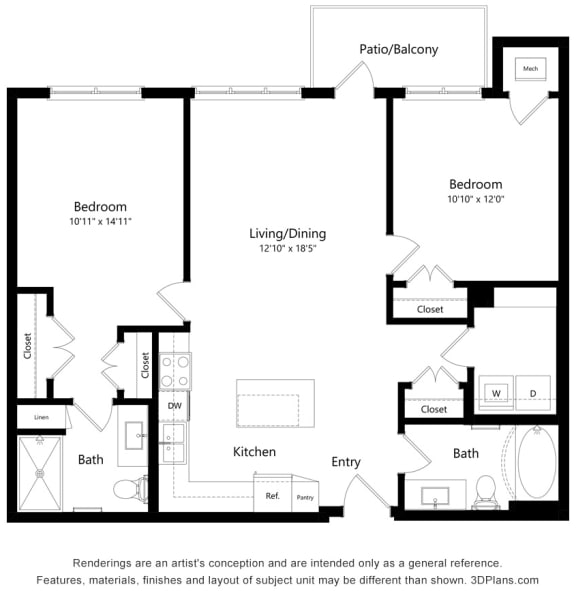 Two Bedroom Floor Plan at Bren Road Station 55+ Apartments, Minnesota, 55343