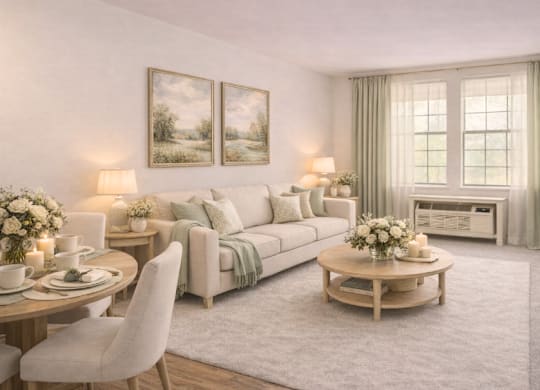 Room with neutral tones and natural light at Hilltop Commons Senior Living Apartments, California