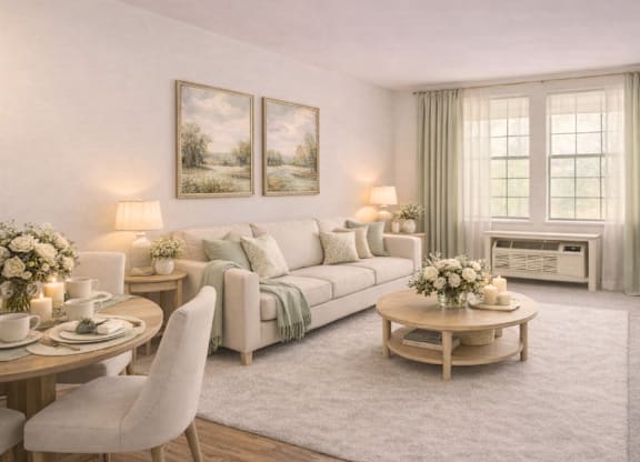 Room with neutral tones and natural light at Hilltop Commons Senior Living Apartments, California
