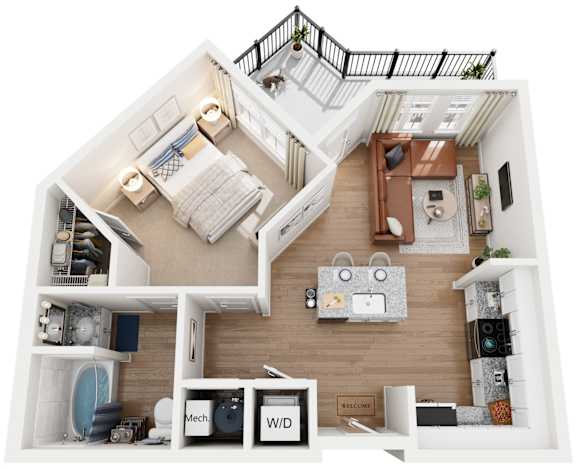 1 Bed 1 Bath Floor Plan | 611 Sq. Ft. at The Flats at Southlawn Apartments, Lawrenceville, Georgia 30046