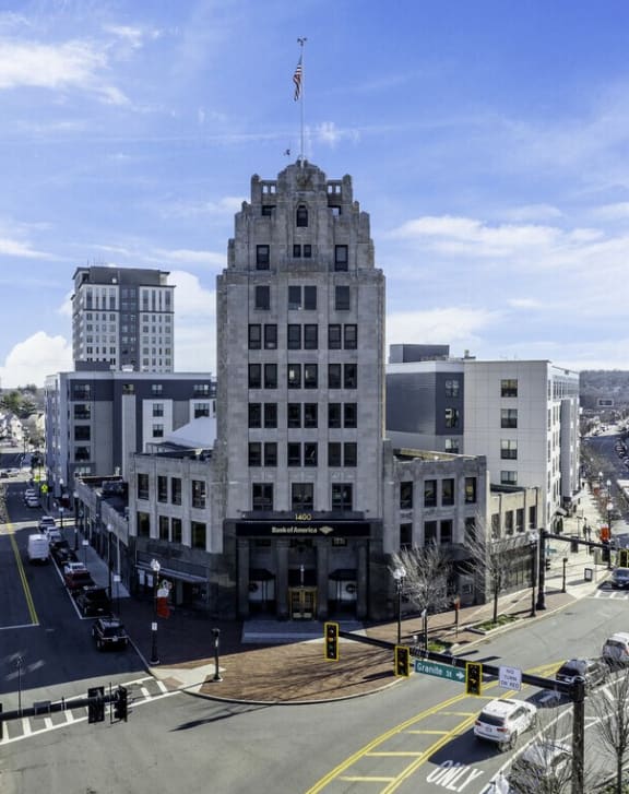 a view of the courthouse from the intersection of a city street