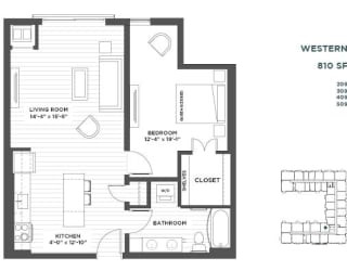 Western One Bedroom Floor Plan at The Hill Apartments