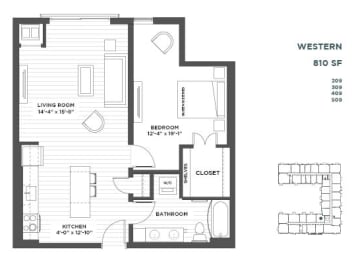 Western One Bedroom Floor Plan at The Hill Apartments