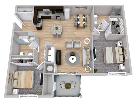 A top-down view of a house layout with a central living area, bedrooms, and a kitchen.