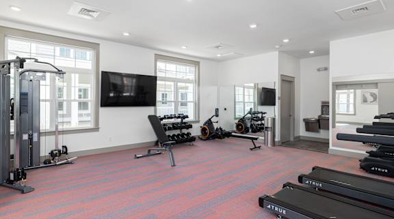 A home gym with a variety of equipment including a treadmill, weights, and a television.