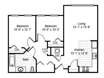 Type 1, 2 Bedroom 1 Bath 2D Floorplan at Tremonte Apartments