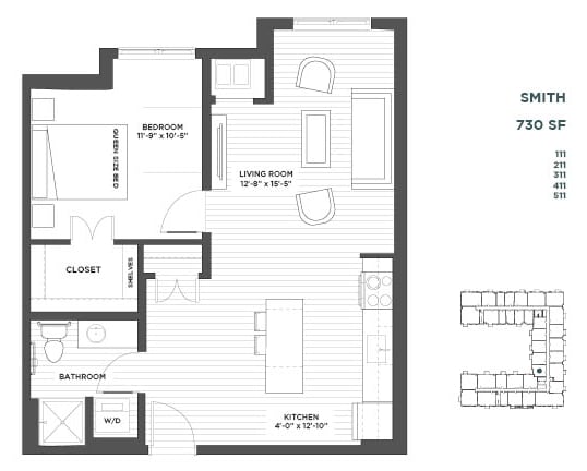 Smith One Bedroom Floor Plan at The Hill Apartments
