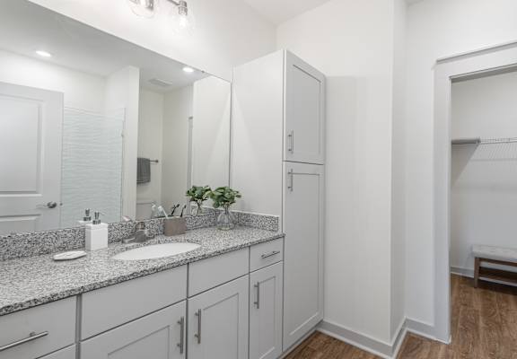 A bathroom with a sink, mirror, and cabinets.