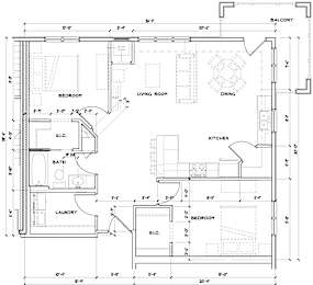A detailed architectural drawing of a floor plan for a residential unit.