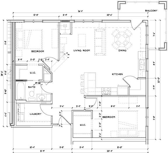 A detailed architectural drawing of a floor plan for a residential unit.