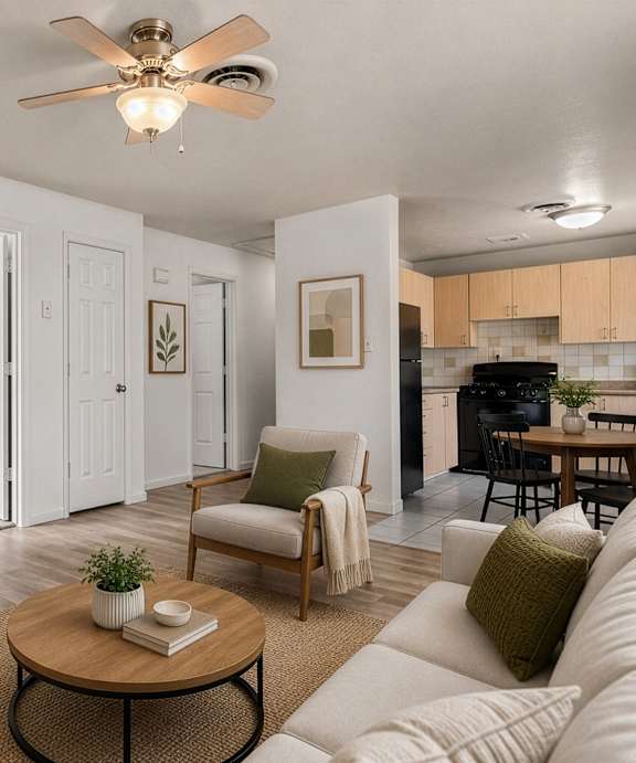 A living room with a white couch, a coffee table, and a flat screen TV.