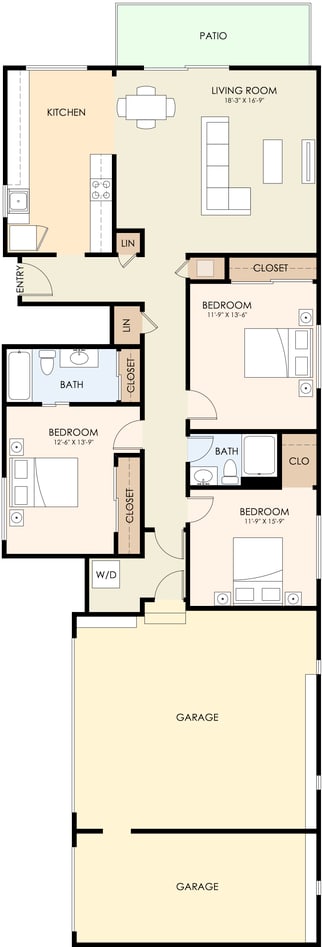 A floor plan of a 3 Bedroom, 2 Bathroom apartment.