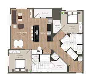 A floor plan of a house with a balcony, kitchen, and two bedrooms.