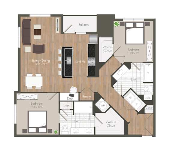 A floor plan of a house with a balcony, kitchen, and two bedrooms.