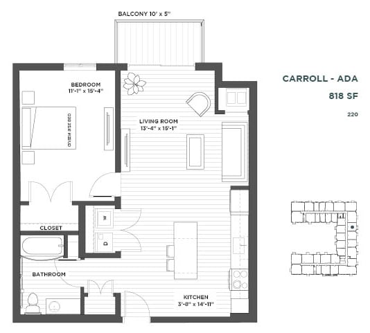 Carroll One Bedroom Floor Plan at The Hill Apartments