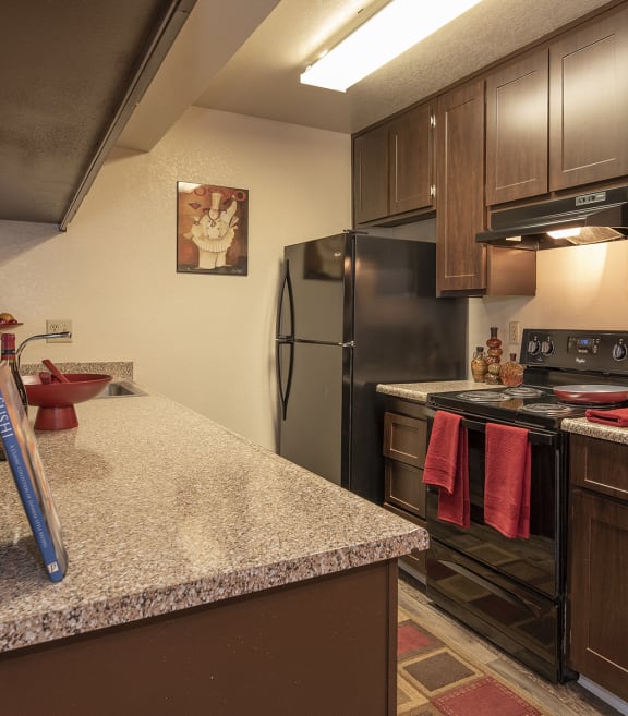 Pheasant Pointe model apartments kitchen with dark wood cabinets and black appliances